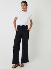 Threadbare Black Belted Linen Blend Wide Leg Trousers - Image 1 of 4