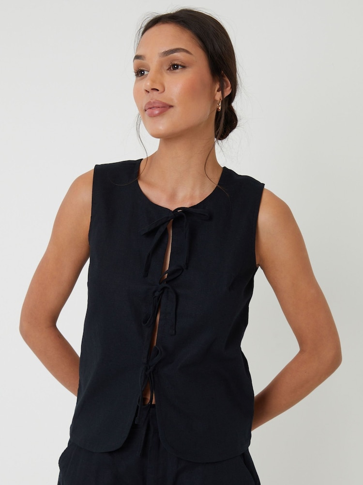 Threadbare Black Tie Front Linen Blend Waistcoat - Image 3 of 6