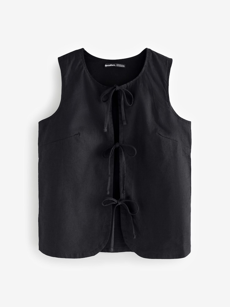 Threadbare Black Tie Front Linen Blend Waistcoat - Image 6 of 6