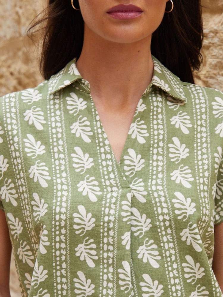 Threadbare Green Open Collar Linen Blend Blouses - Image 3 of 4