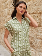 Threadbare Green Open Collar Linen Blend Blouses - Image 4 of 4