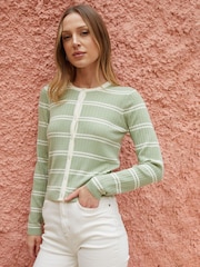Threadbare Green Stripe Wool Blend Pointelle Knit Cardigan - Image 1 of 4