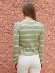 Threadbare Green Stripe Wool Blend Pointelle Knit Cardigan - Image 2 of 4