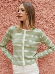 Threadbare Green Stripe Wool Blend Pointelle Knit Cardigan - Image 3 of 4