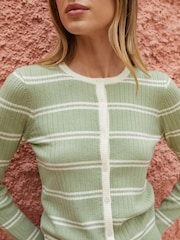 Threadbare Green Stripe Wool Blend Pointelle Knit Cardigan - Image 4 of 4