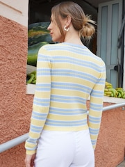 Threadbare Yellow Stripe Wool Blend Pointelle Knit Cardigan - Image 2 of 4
