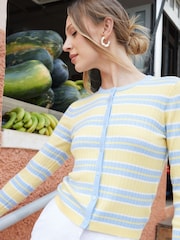 Threadbare Yellow Stripe Wool Blend Pointelle Knit Cardigan - Image 3 of 4