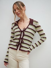 Threadbare Green Stripe Collared Tie Front Crochet Knit Cardigan - Image 1 of 4
