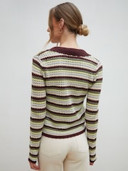 Threadbare Green Stripe Collared Tie Front Crochet Knit Cardigan - Image 2 of 4
