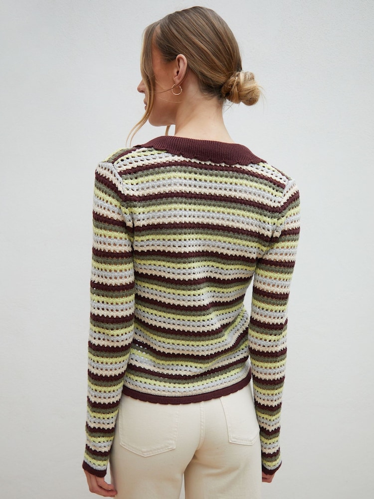 Threadbare Green Stripe Collared Tie Front Crochet Knit Cardigan - Image 2 of 4