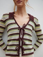 Threadbare Green Stripe Collared Tie Front Crochet Knit Cardigan - Image 3 of 4