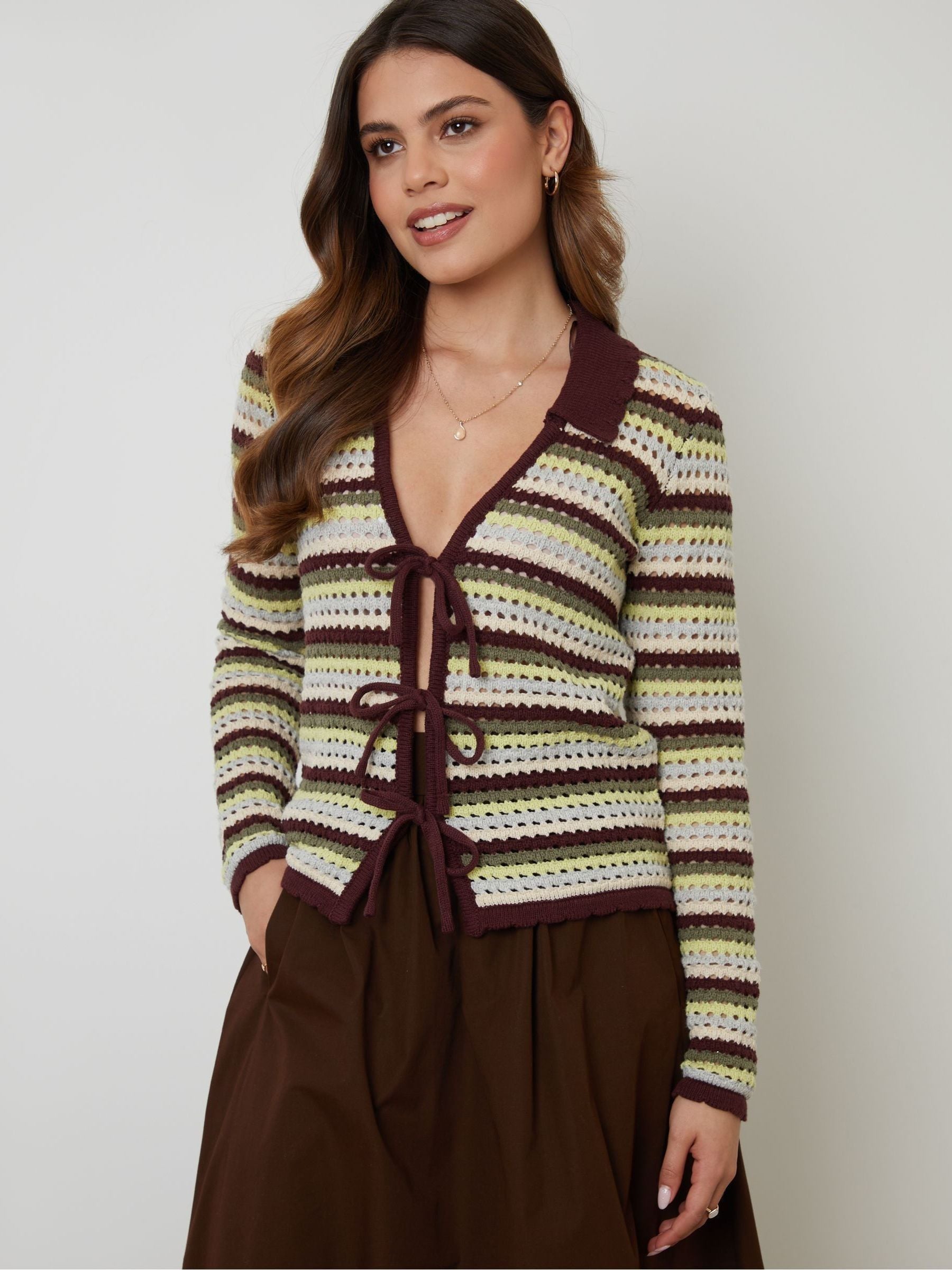 Buy Threadbare Green Stripe Collared Tie Front Crochet Knit