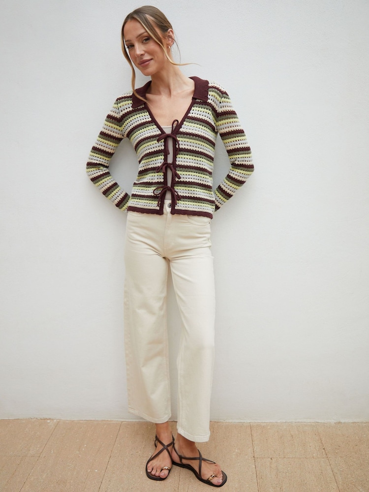 Threadbare Green Stripe Collared Tie Front Crochet Knit Cardigan - Image 4 of 4