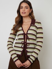 Threadbare Green Stripe Collared Tie Front Crochet Knit Cardigan - Image 5 of 9