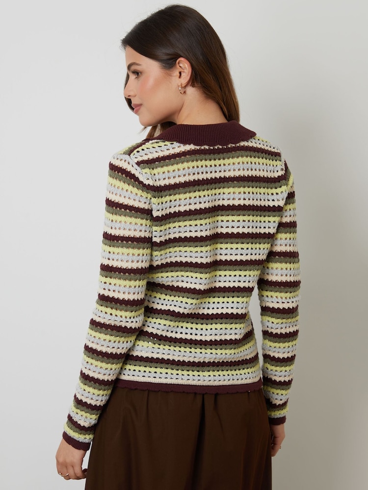 Threadbare Green Stripe Collared Tie Front Crochet Knit Cardigan - Image 5 of 5