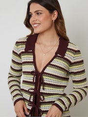 Threadbare Green Stripe Collared Tie Front Crochet Knit Cardigan - Image 6 of 9