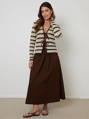 Threadbare Green Stripe Collared Tie Front Crochet Knit Cardigan - Image 7 of 9