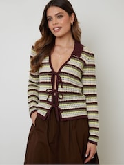 Threadbare Green Stripe Collared Tie Front Crochet Knit Cardigan - Image 8 of 9