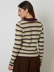 Threadbare Green Stripe Collared Tie Front Crochet Knit Cardigan - Image 9 of 9