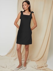 Threadbare Black Tie Strap Linen Blend Mini Shift Summer Dress - Image 1 of 4