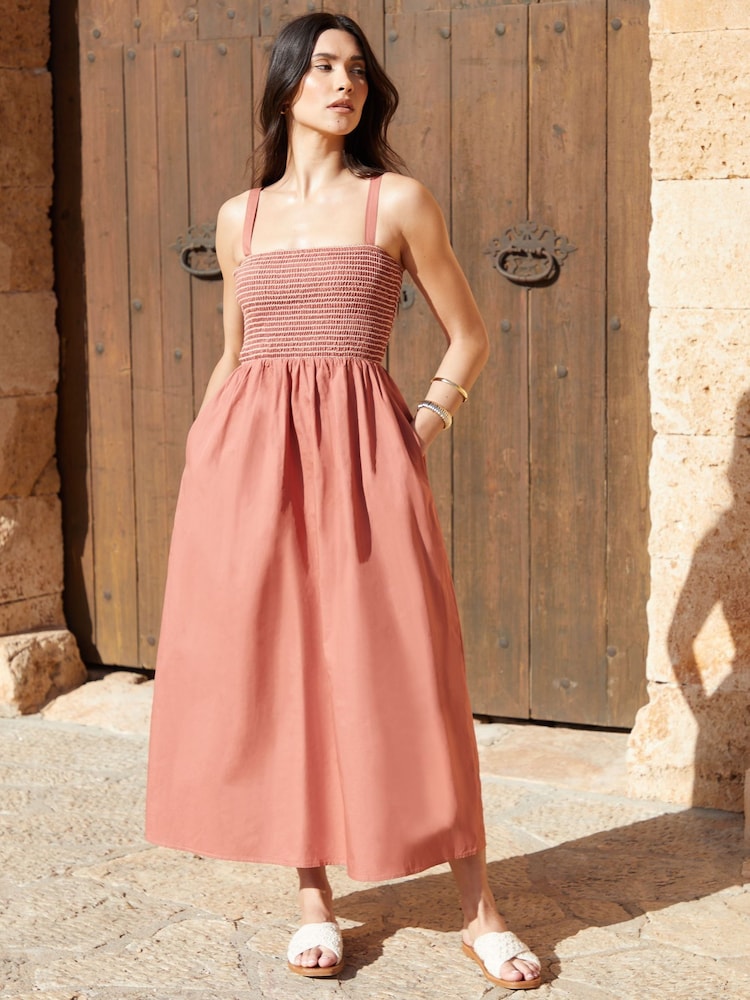 Threadbare Pink Shirred Bodice 100% Cotton Midaxi Dress - Image 1 of 4