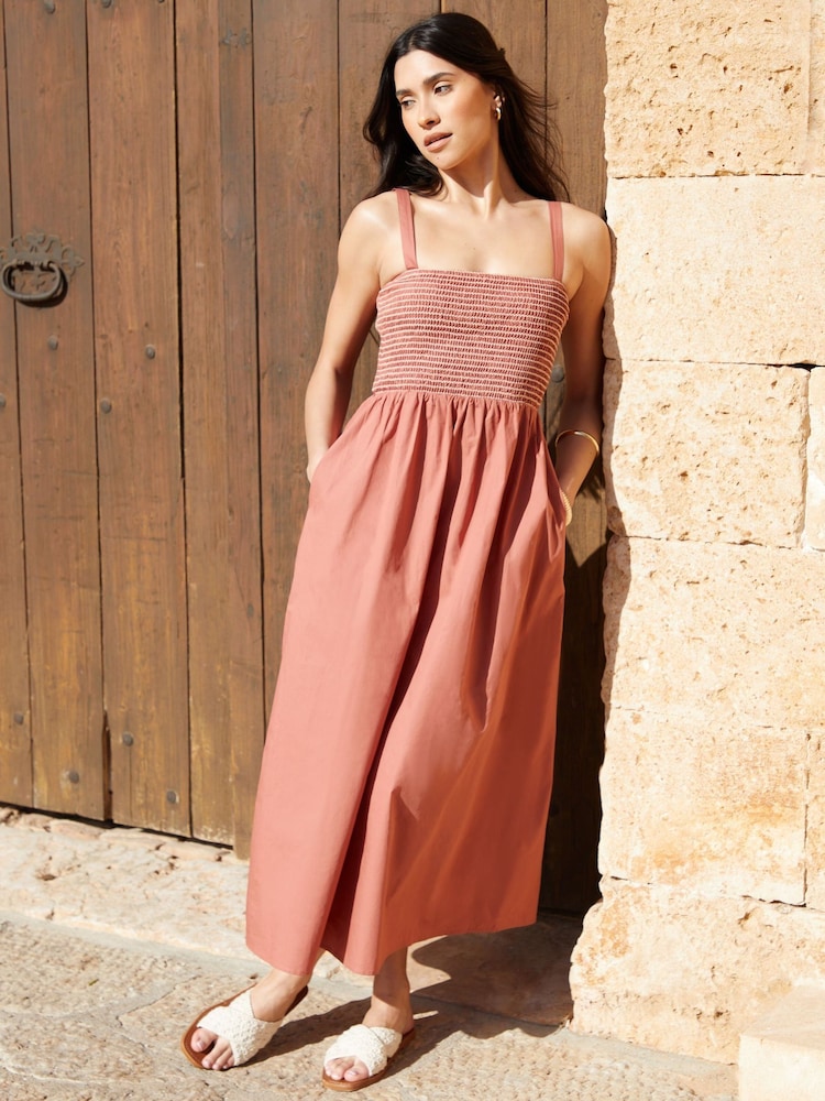 Threadbare Pink Shirred Bodice 100% Cotton Midaxi Dress - Image 4 of 4