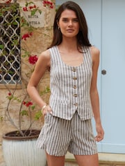 Threadbare Brown Scoop Neck Longline Linen Blend Waistcoat - Image 4 of 4