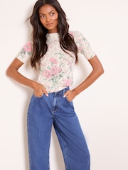 Lipsy Ivory Knitted Crochet Floral Print Sparkle Top - Image 1 of 4