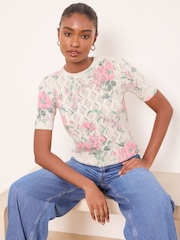 Lipsy Ivory Knitted Crochet Floral Print Sparkle Top - Image 3 of 4
