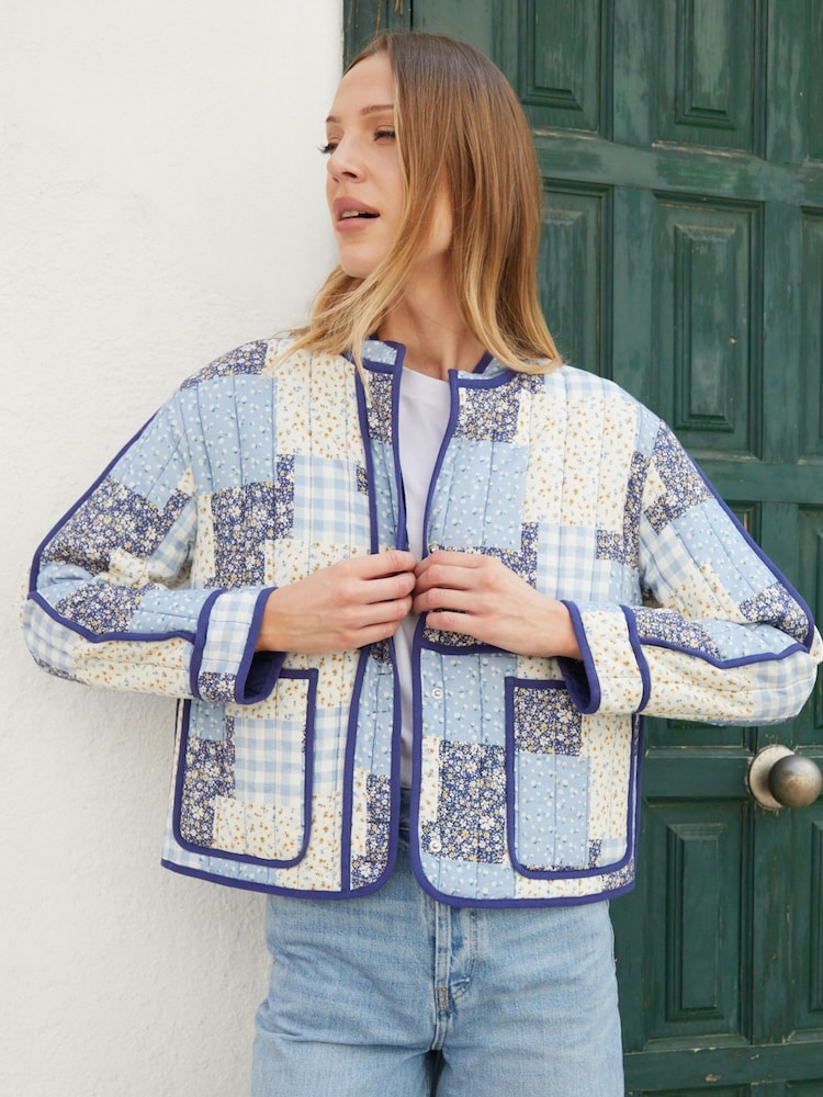 Threadbare Blue Floral Patchwork Quilted Jacket - Image 1 of 4