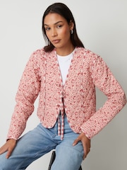 Threadbare Pink Floral Tie Front Reversible Quilted Jacket - Image 2 of 6