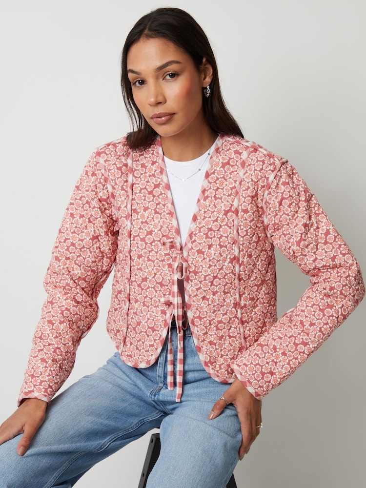 Threadbare Pink Floral Tie Front Reversible Quilted Jacket - Image 2 of 6