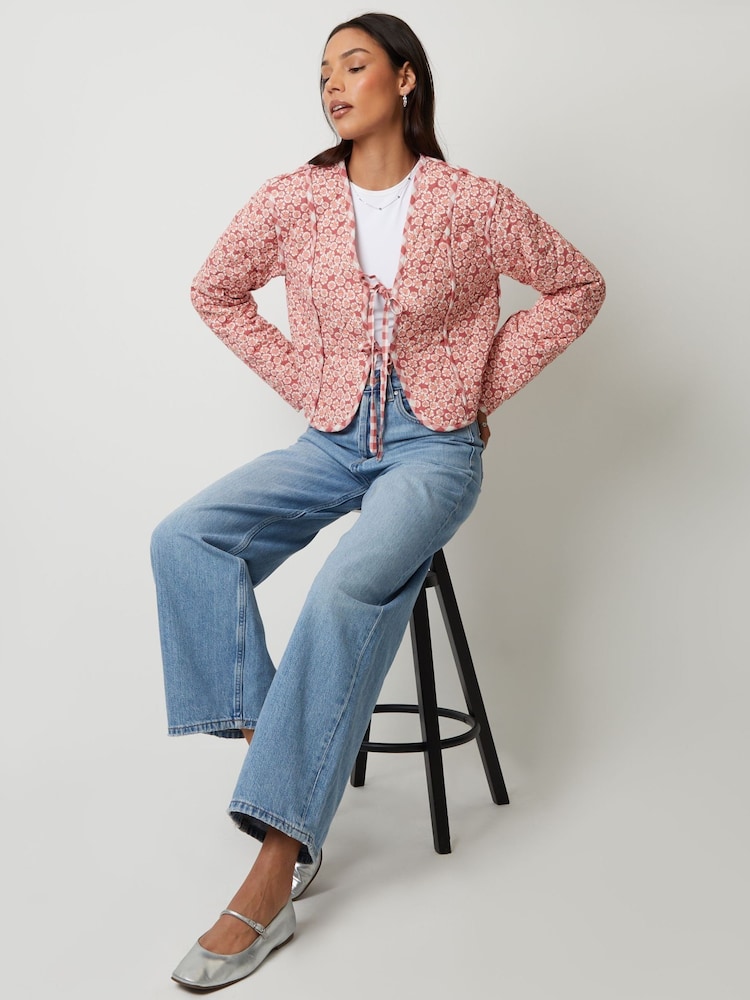 Threadbare Pink Floral Tie Front Reversible Quilted Jacket - Image 5 of 5