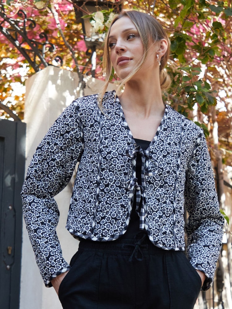 Threadbare Black Floral Tie Front Reversible Quilted Jacket - Image 2 of 4