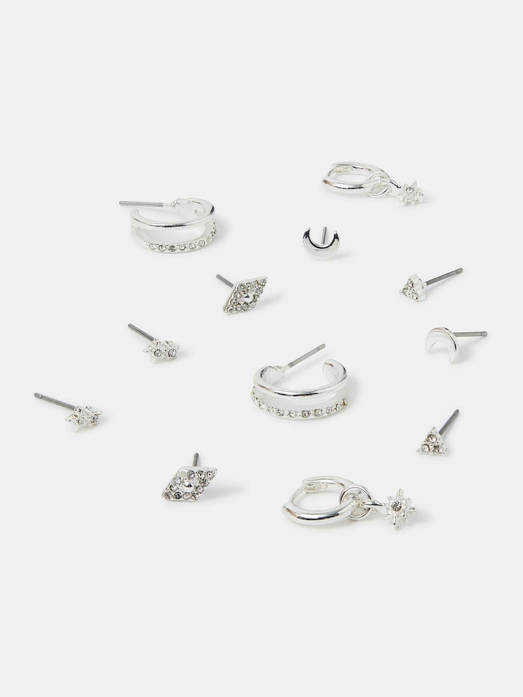 Accessorize Silver Tone Starry Night Stud and Hoop Earrings 6 Pack - Image 1 of 3