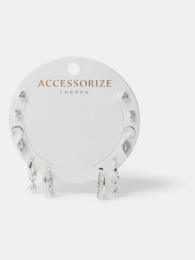 Accessorize Silver Tone Starry Night Stud and Hoop Earrings 6 Pack - Image 2 of 3