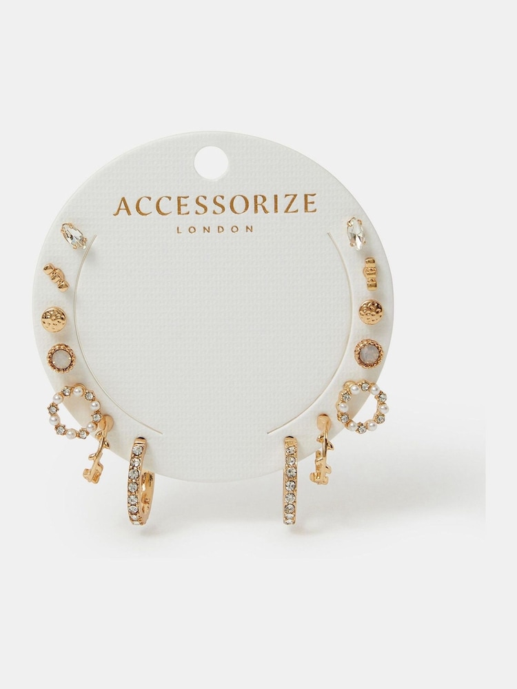 Accessorize Cream Pearl Gem Stud and Hoop Earrings 7 Pack - Image 2 of 3