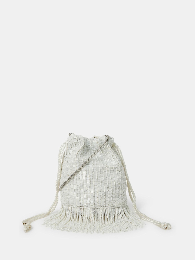 Accessorize Natural Bridal Bead Fringe Bucket Bag - Image 1 of 3