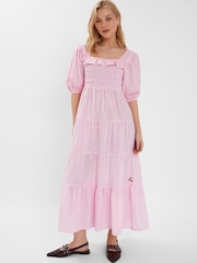 Accessorize Pink Cherry Gingham Puff-Sleeve Maxi 100% Cotton Dress - Image 1 of 4