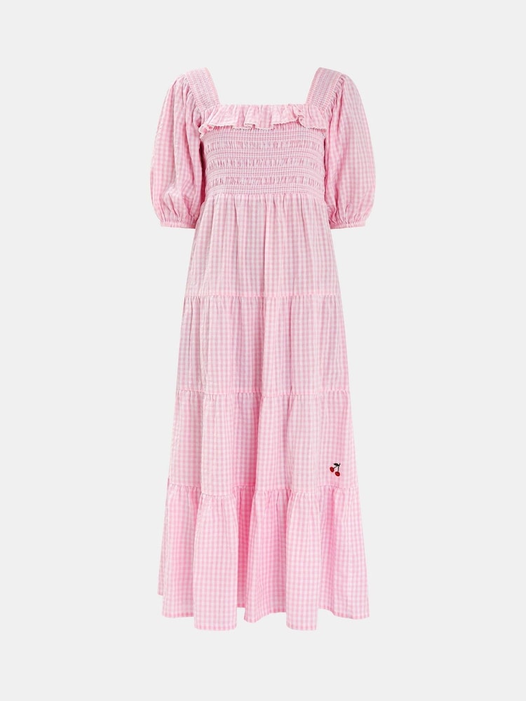 Accessorize Pink Cherry Gingham Puff-Sleeve Maxi 100% Cotton Dress - Image 4 of 4