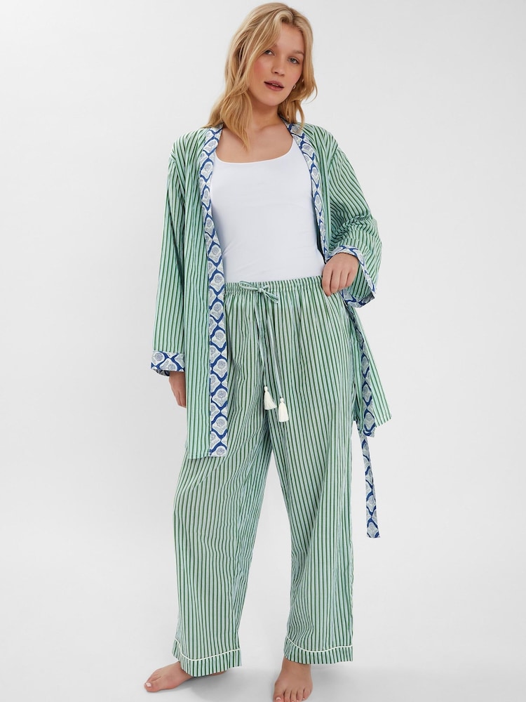 Accessorize Green Dandelion Stripe Short 100% Cotton Robe - Image 1 of 2