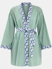 Accessorize Green Dandelion Stripe Short 100% Cotton Robe - Image 2 of 2