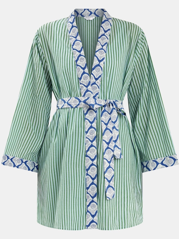 Accessorize Green Dandelion Stripe Short 100% Cotton Robe - Image 2 of 2