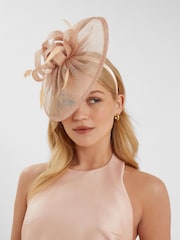Accessorize Pink Light Woven Bow Feather Disc Fascinator Hat - Image 1 of 3
