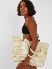 Accessorize Gold Metallic Print Canvas Beach Bag - Image 1 of 3