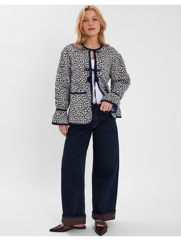 Accessorize Blue Daisy Print Tie-Front Quilted 100% Cotton Jacket - Image 1 of 4 Accessorize Blue Daisy Print Tie-Front Quilted 100% Cotton Jacket - Image 1 of 4