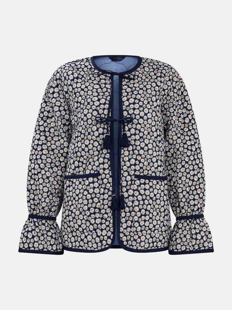 Accessorize Blue Daisy Print Tie-Front Quilted 100% Cotton Jacket - Image 4 of 4 Accessorize Blue Daisy Print Tie-Front Quilted 100% Cotton Jacket - Image 4 of 4