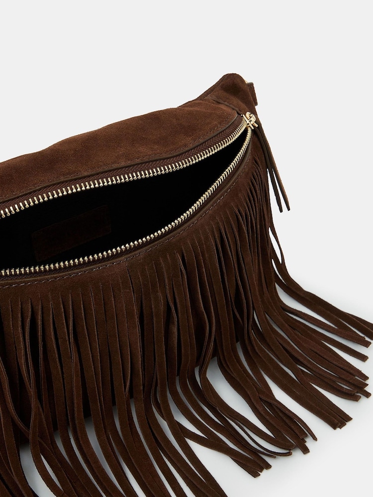 Accessorize Brown Suede Fringe Cross-Body Sling Bag - Image 2 of 3