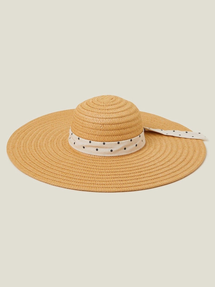 Accessorize Natural Polka Dot Bow Floppy Straw Hat - Image 1 of 3