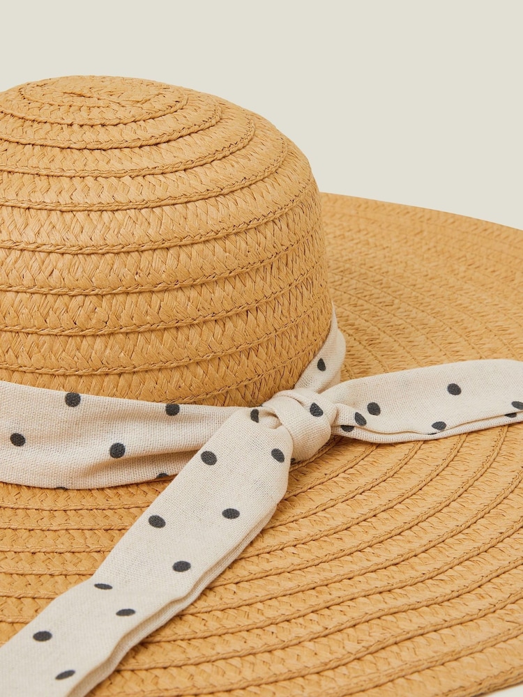 Accessorize Natural Polka Dot Bow Floppy Straw Hat - Image 2 of 3